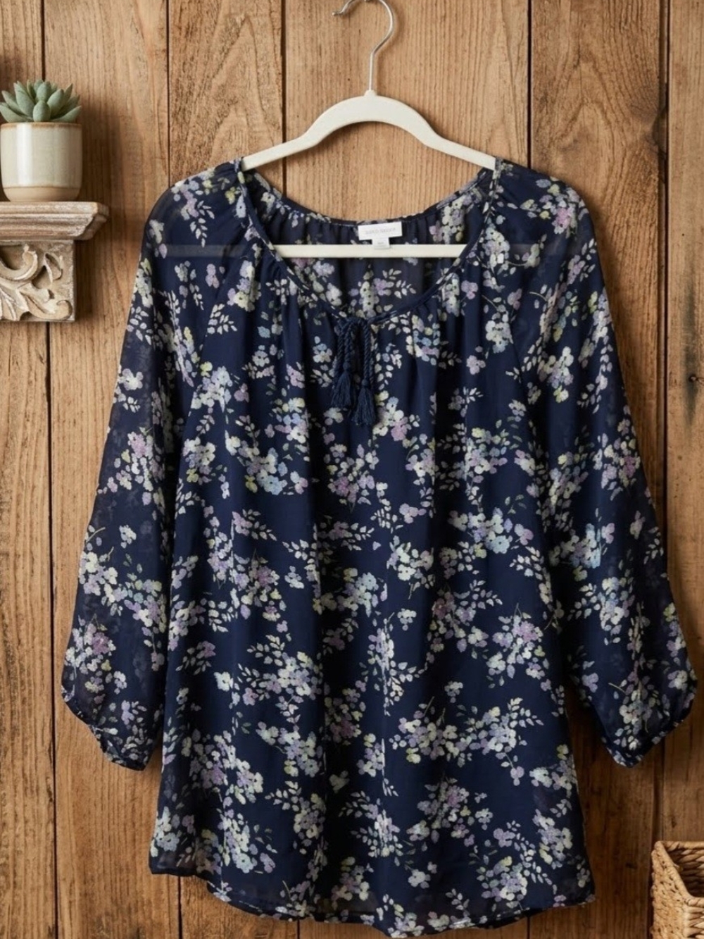 J. Jill Navy Floral Peasant Blouse with Lilac and Sage Accents